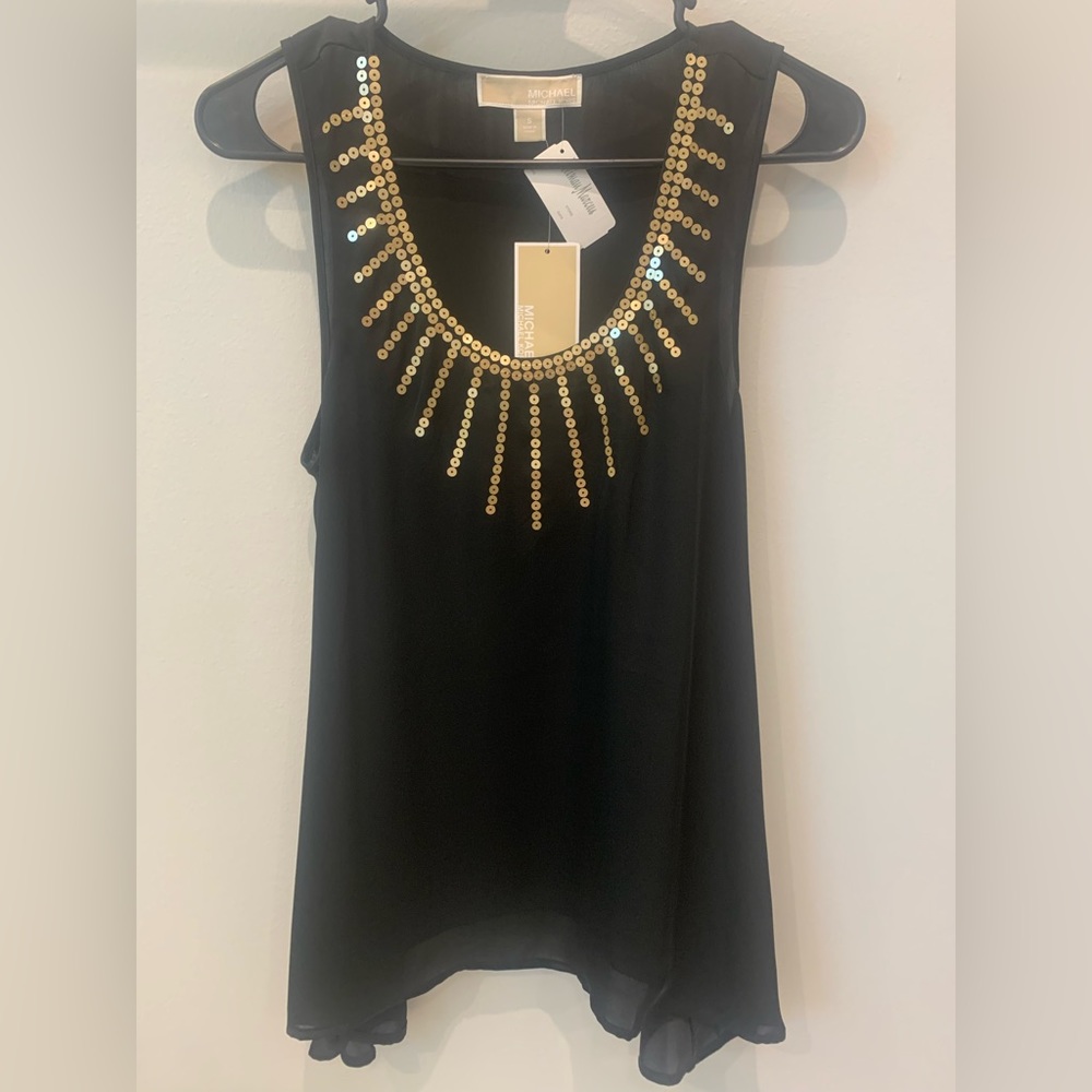 NWT MICHAEL Michael Kors Gold Sequin Sleeveless Sheer Flared Bouse